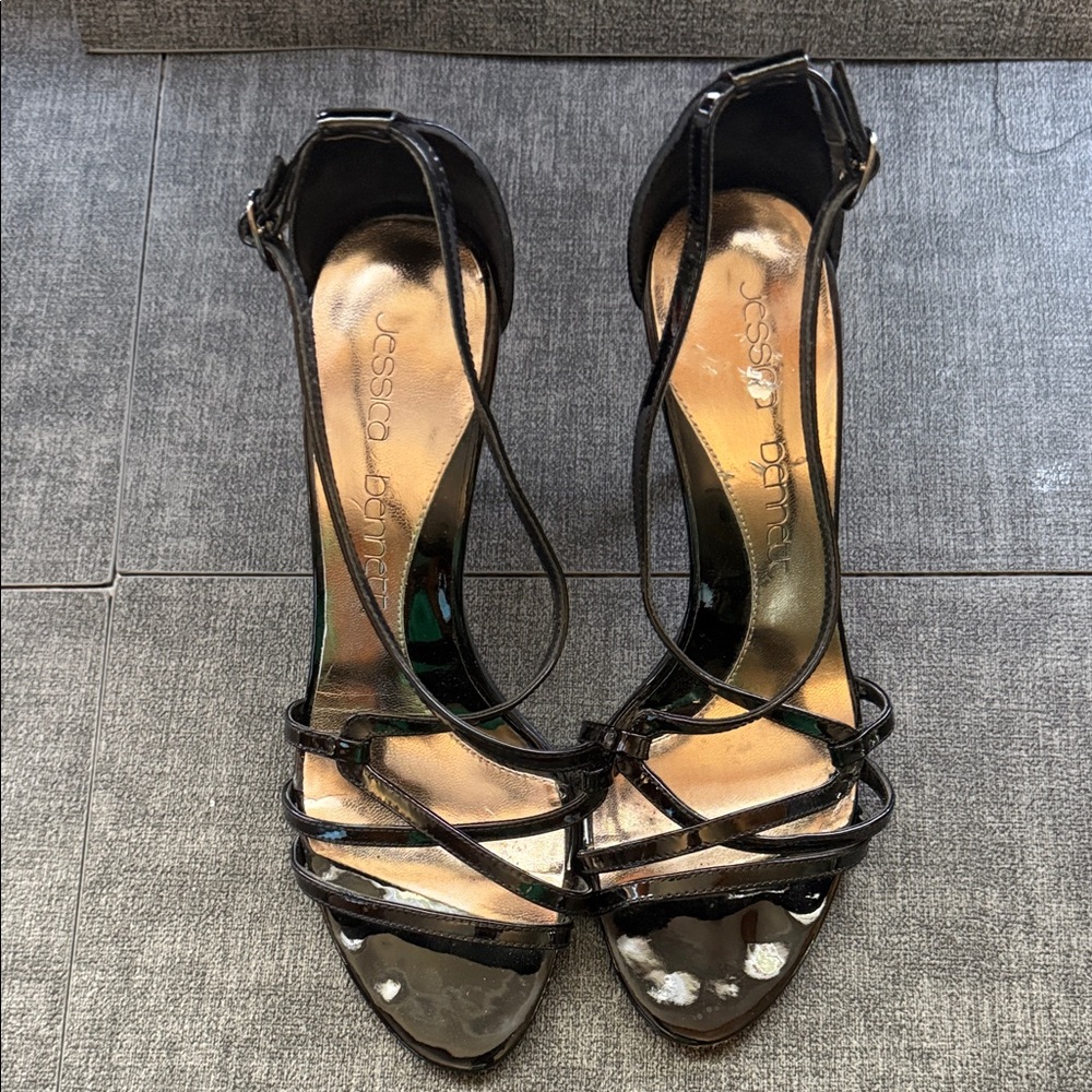 Jessica Bennett Glossy Black Strappy Heels - 7.5